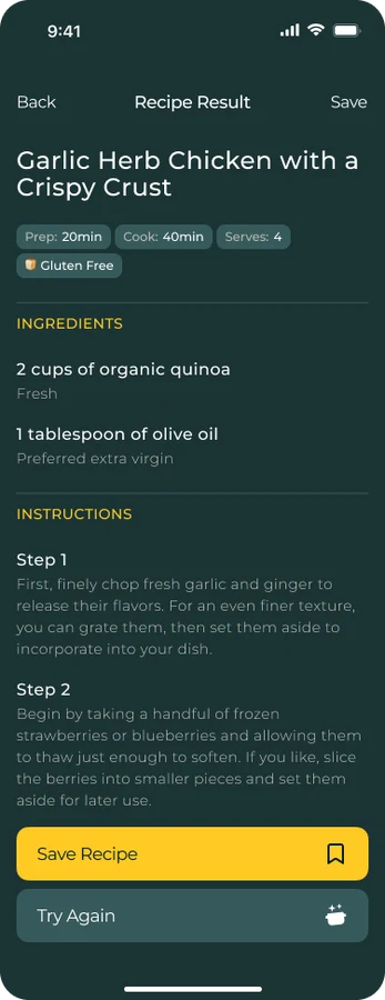 Generated recipe with ingredients and instructions